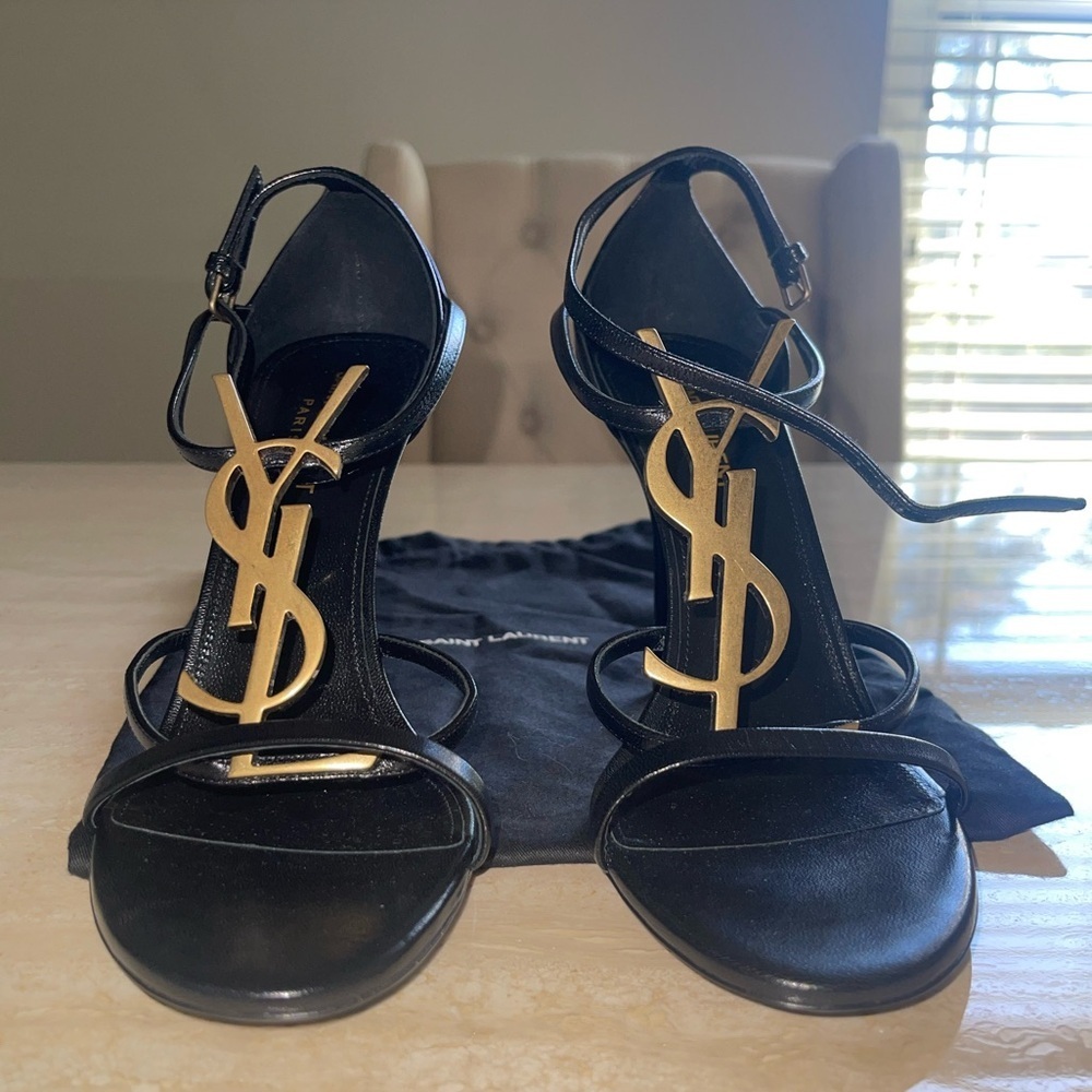Saint Laurent Black Leather Stiletto Sandals with Gold YSL Logo - Picture 5 of 9